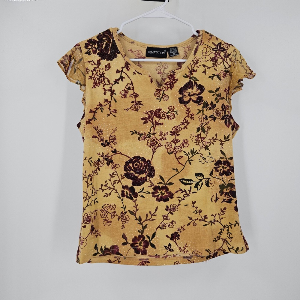 VTG Temptation Floral Beaded Top Brown Burgundy Fairy Grunge y2k Bedazzled Sz M